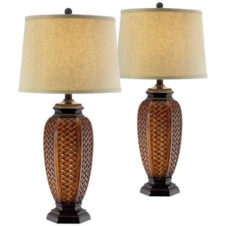 Regency Hill Tropical Table Lamps Set Of 2 Weathered Brown Woven Wicker Jar Beige Linen Drum Shade For Living Room Family Bedroom