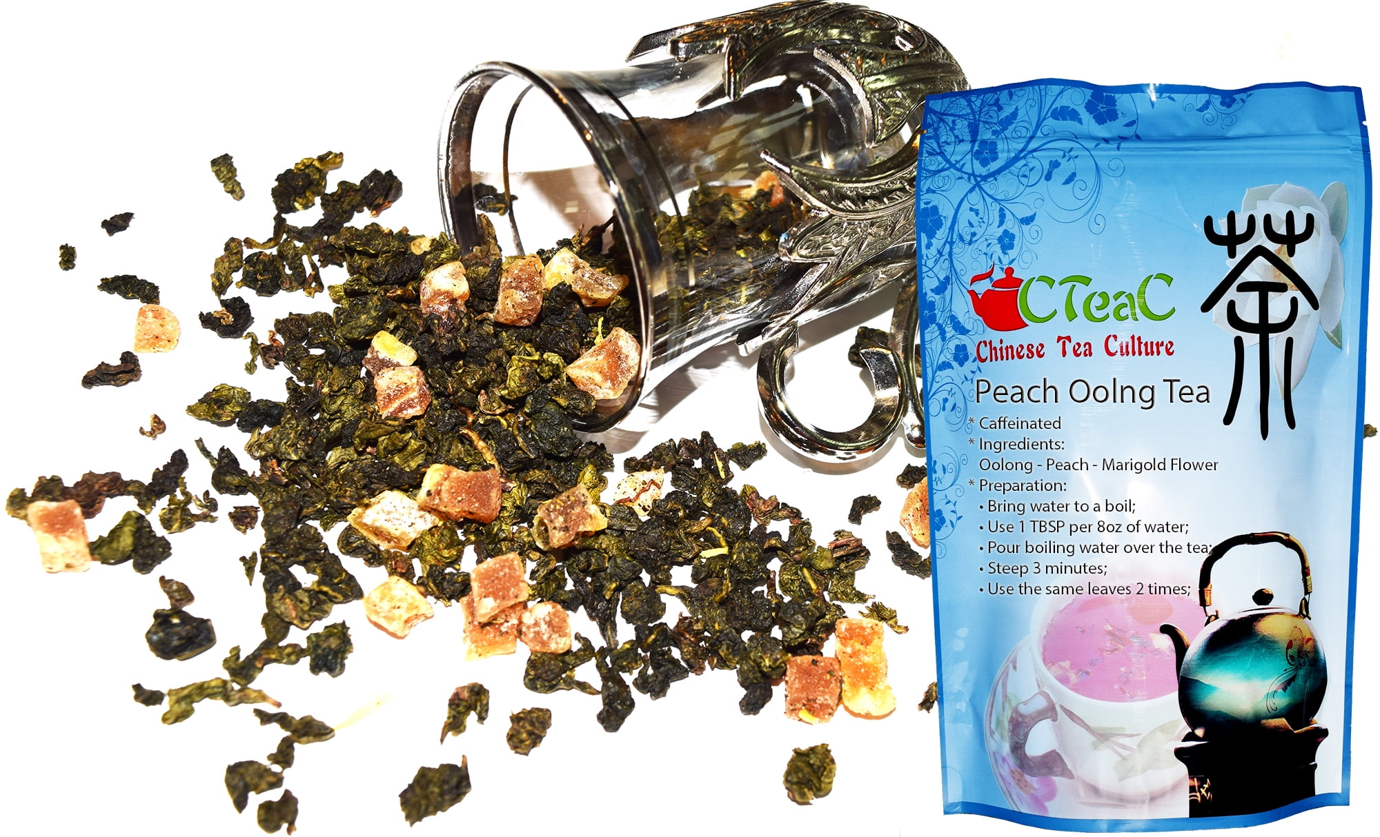 Chinese Tea Culture Peach Oolong Tea, caffeinated, this tea weaves the modest, delicate of Peach flavor, slightly sweet, delicious to enjoy hot or iced, loose leaf tea - 2oz