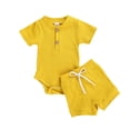 thumbnail image 1 of Seyurigaoka 2 Pcs Baby Girls Outfits, Infant Toddler Solid Short Sleeve Romper + Strap Shorts Clothes Set, 0-24M, 1 of 8