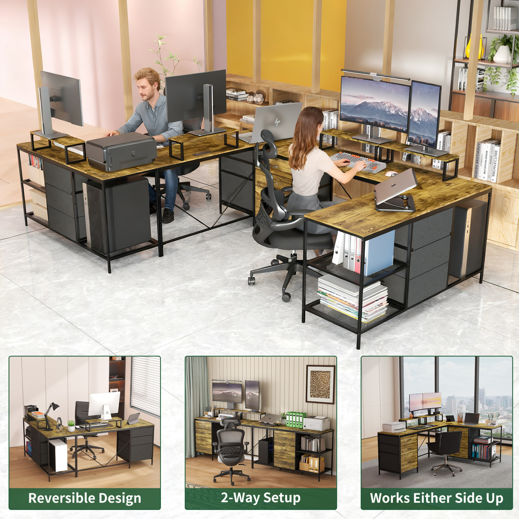 L Shaped Desk with Power Outlets and 6 Fabric Drawers, 77" Corner Computer Desk with Movable Monitor Stands and 3 Open Shelves, Heavy Duty Gaming Table for Home, Brown