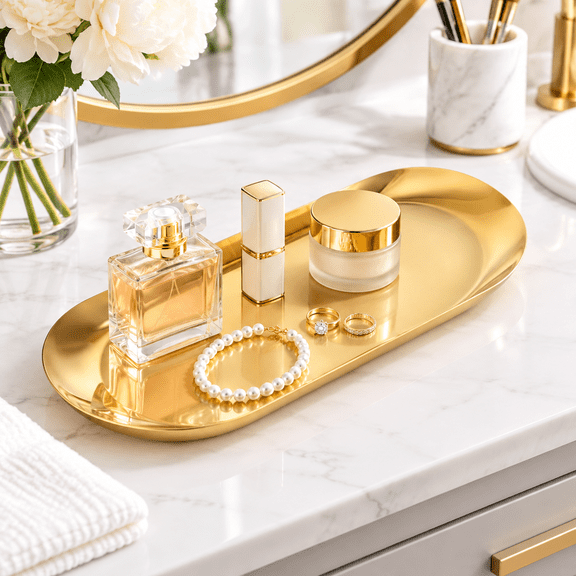 Gold Decorative Tray, Bathroom Vanity Tray for Dresser Counter, Tea/ Fruit Storage Trays Cosmetics Jewelry Organizer, Oval