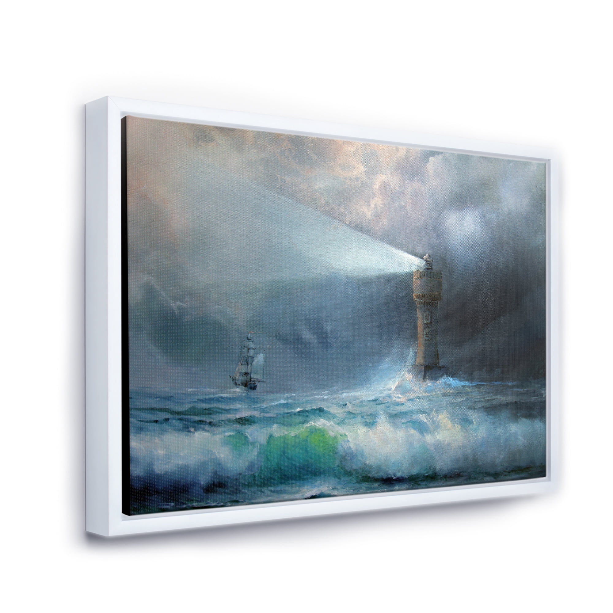 Designart 'Lighthouse Shining Light During Stormy Clouds Night II' Nautical & Coastal Framed Canvas Wall Art Print