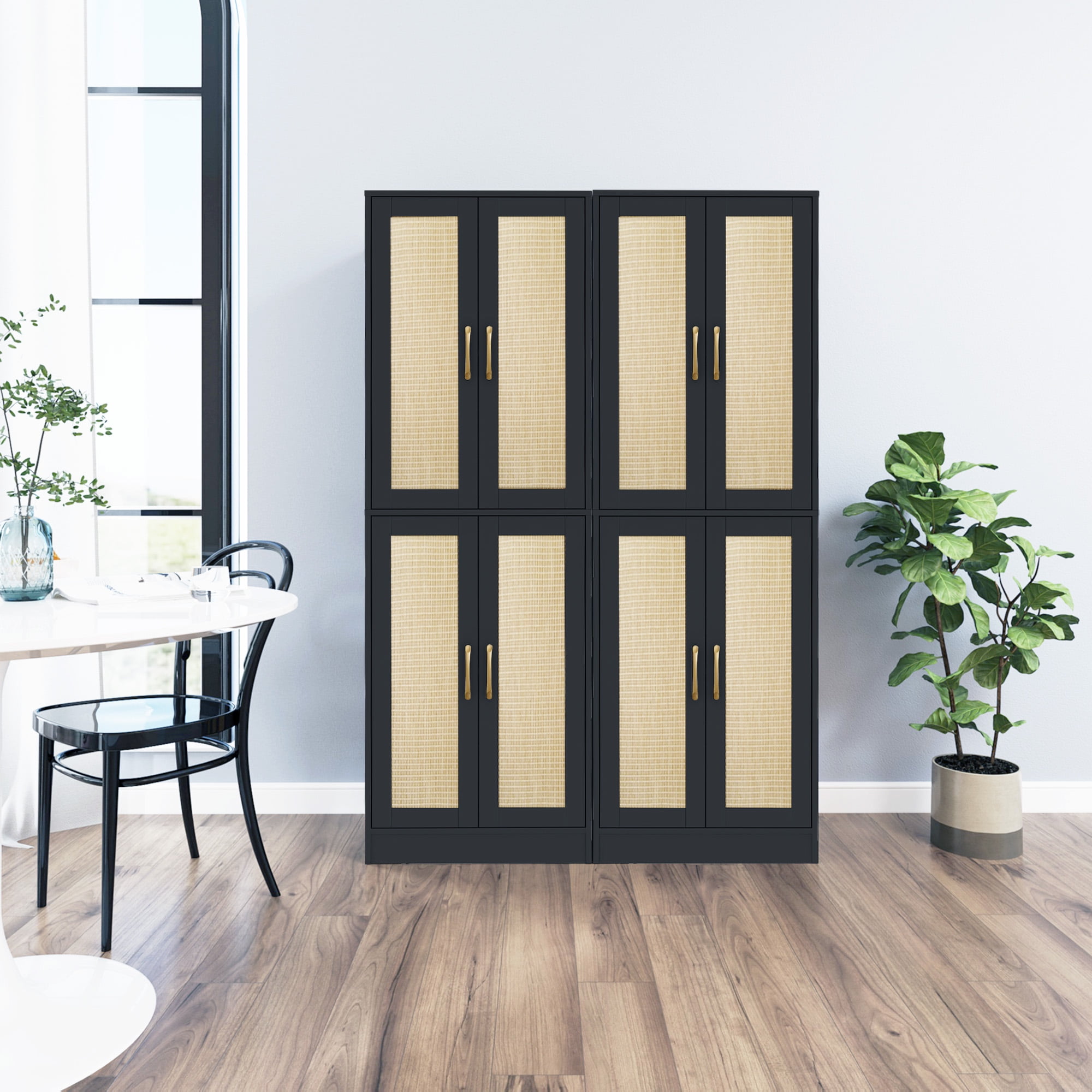 BOCVKENN Storage Cabinet - Kitchen Pantry Cabinet, Tall Pantry Storage Cabinet Freestanding with 4 Rattan Doors and Adjustable Shelves, Cupboard Cabinet for Dining Living Room, Laundry, Bathroom