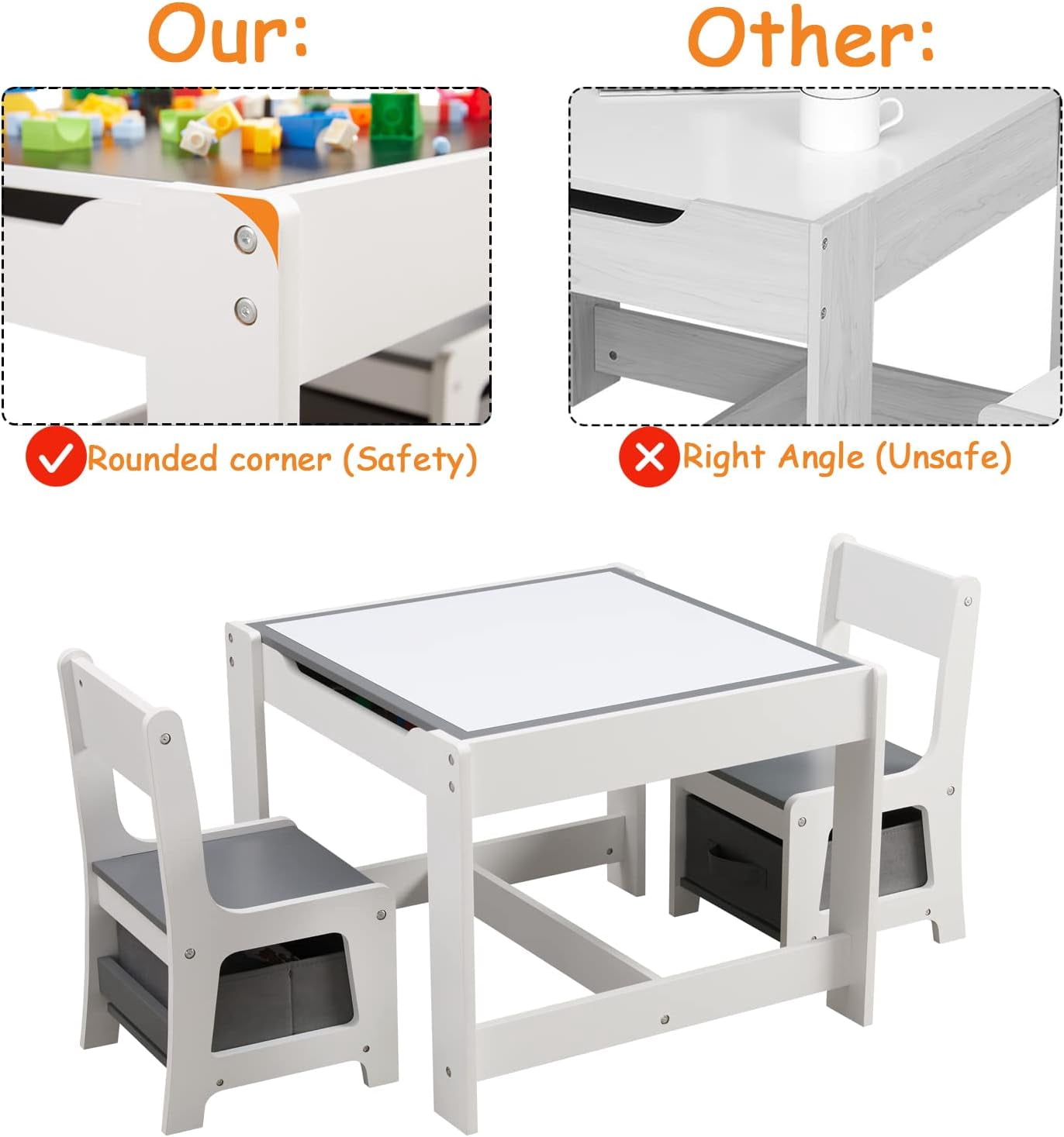 Kids Table and Chair Set, 3 in 1 Wooden Activity Table with Storage Drawer for Toddlers Drawing, Reading, Crafts, 2 in 1 Detachable Tabletop Table Set for Nursery, Playroom