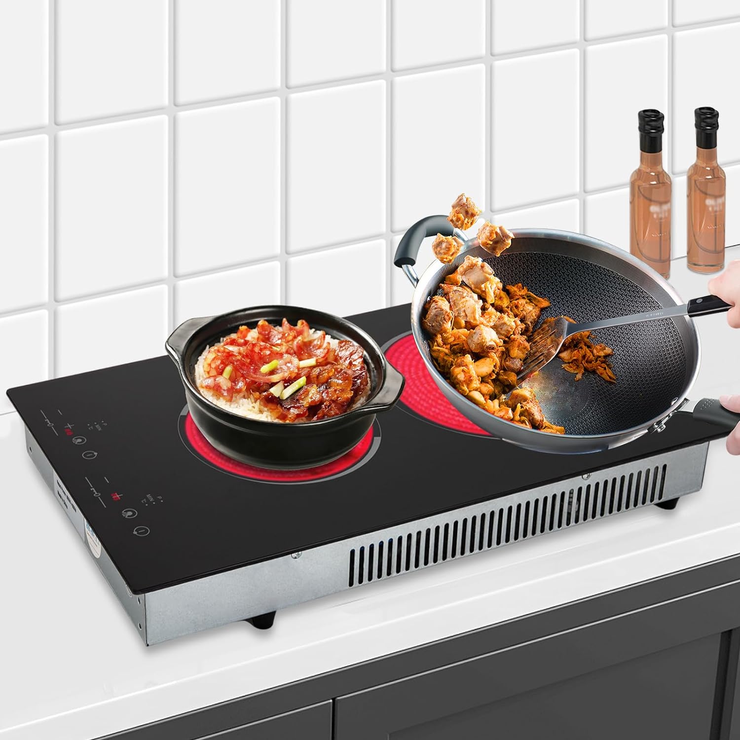 1500W Electric Cooktop Electric Stove Top with LED Display 110V Intelligent Control Built-in Cooktop 9 Heating Level Sensor Touch Control for Kitchens (2 Burners)