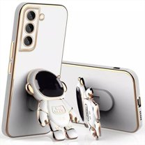 Allytechgroup Cute Astronaut Case for Samsung Galaxy S25 Ultra with Kickstand, Glossy Shockproof Soft TPU Slim Phone Case for Women Girls - Ring Grip Holder, Gold Edge Protective Cover, White