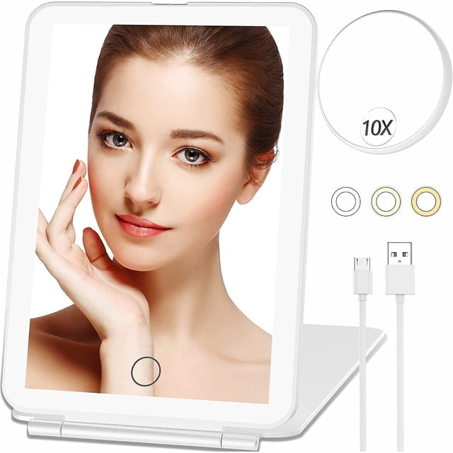 Espejo de maquillaje con espejo de aumento 10X, espejo LED de viaje recargable con 3 luces de colores, espejo compacto iluminado