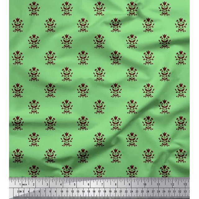 Soimoi Polyester Crepe Fabric Leaves & Floral Block Printed Craft Fabric by The Yard 52 Inch Wide