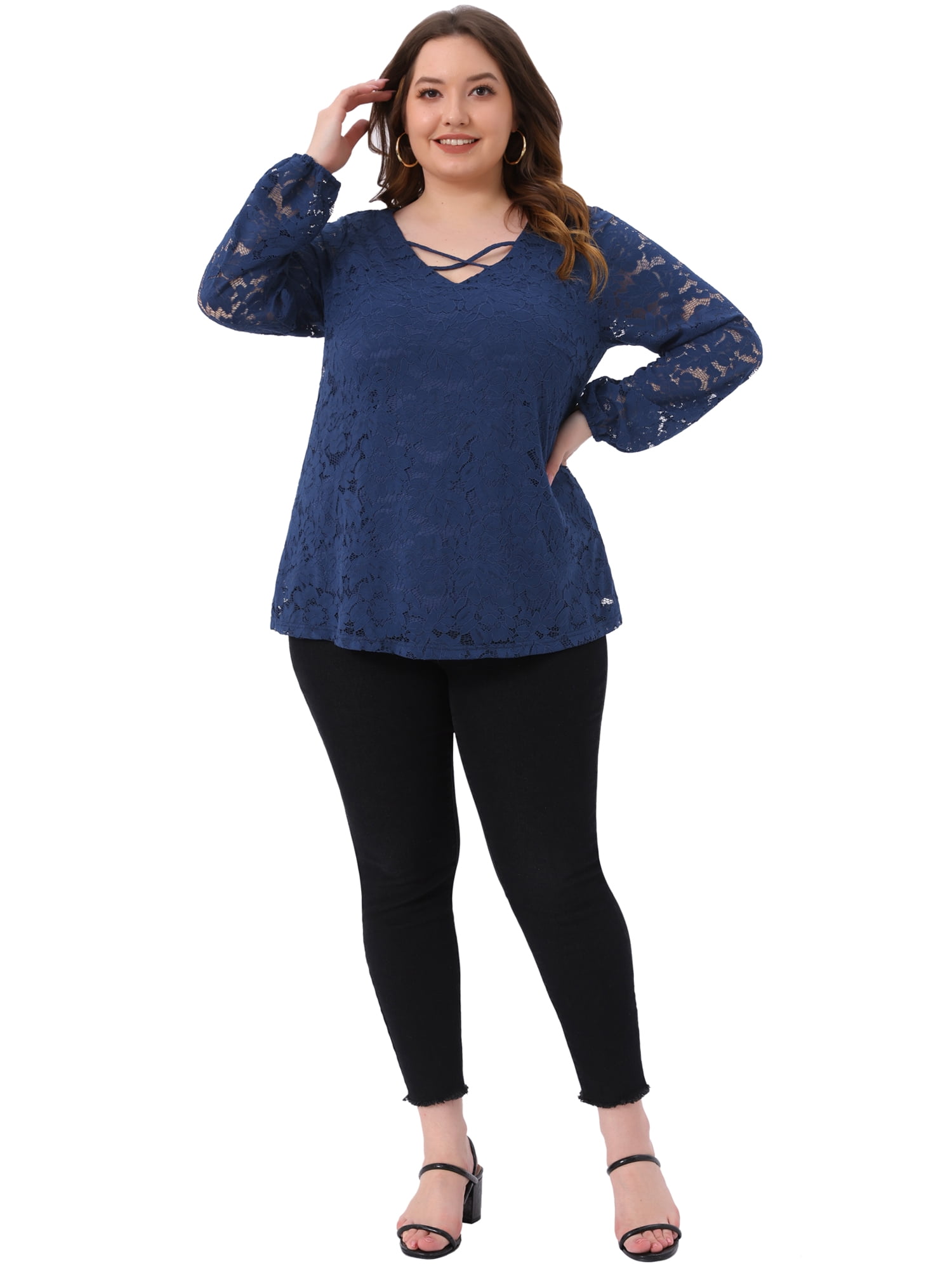 Women's Plus Lace Blouse Cross V Neck Sheer Double Layers Long Sleeve Shirt Tops 4X Royal Blue