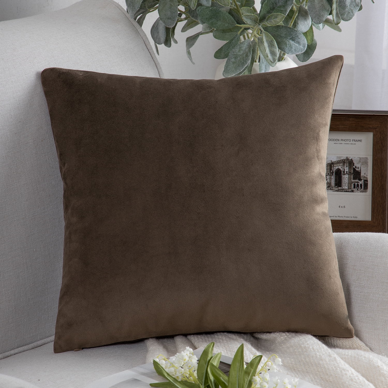 Phantoscope Decorative Throw Pillow Set, Soft Silky Velvet & Quilt Striped Velvet Series Cushion Bundle, for Sofa Couch Bedroom, Dark Coffee, 18" x 18"