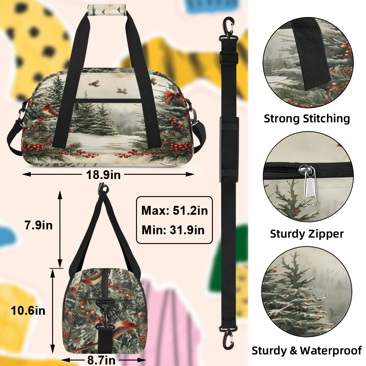 Herdesigns Sports Duffle Bags Travel Duffle Bag Gym Bag Retro Christmas Weekender Travel Bag Waterproof Overnight Bag Carry On Travel Tote Bag Dance Bags