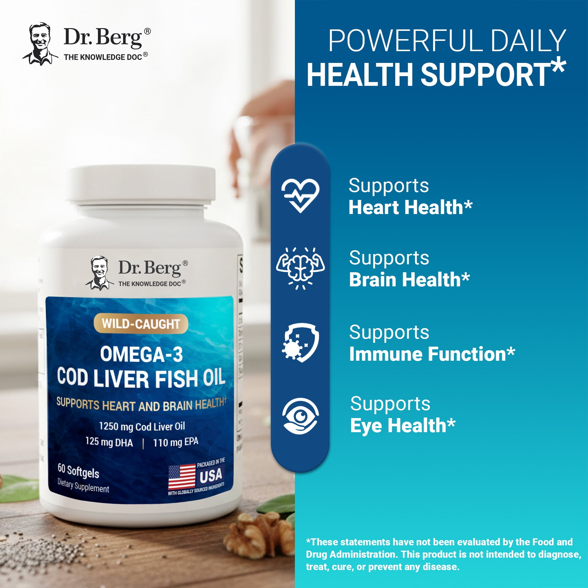 Dr. Berg Omega-3 Cod Liver Oil Softgels – 1250 mg Fish Oil with EPA DHA, Natural Lemon Flavor, 60 Count