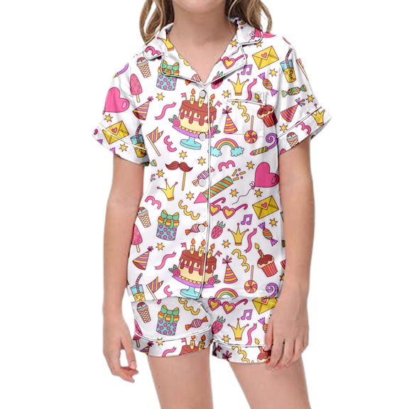 Boy Pajamas Cake Pattern Button Down Short Sleeve Top and Shorts Homewear Set Boys Clothes White 2-3 Years