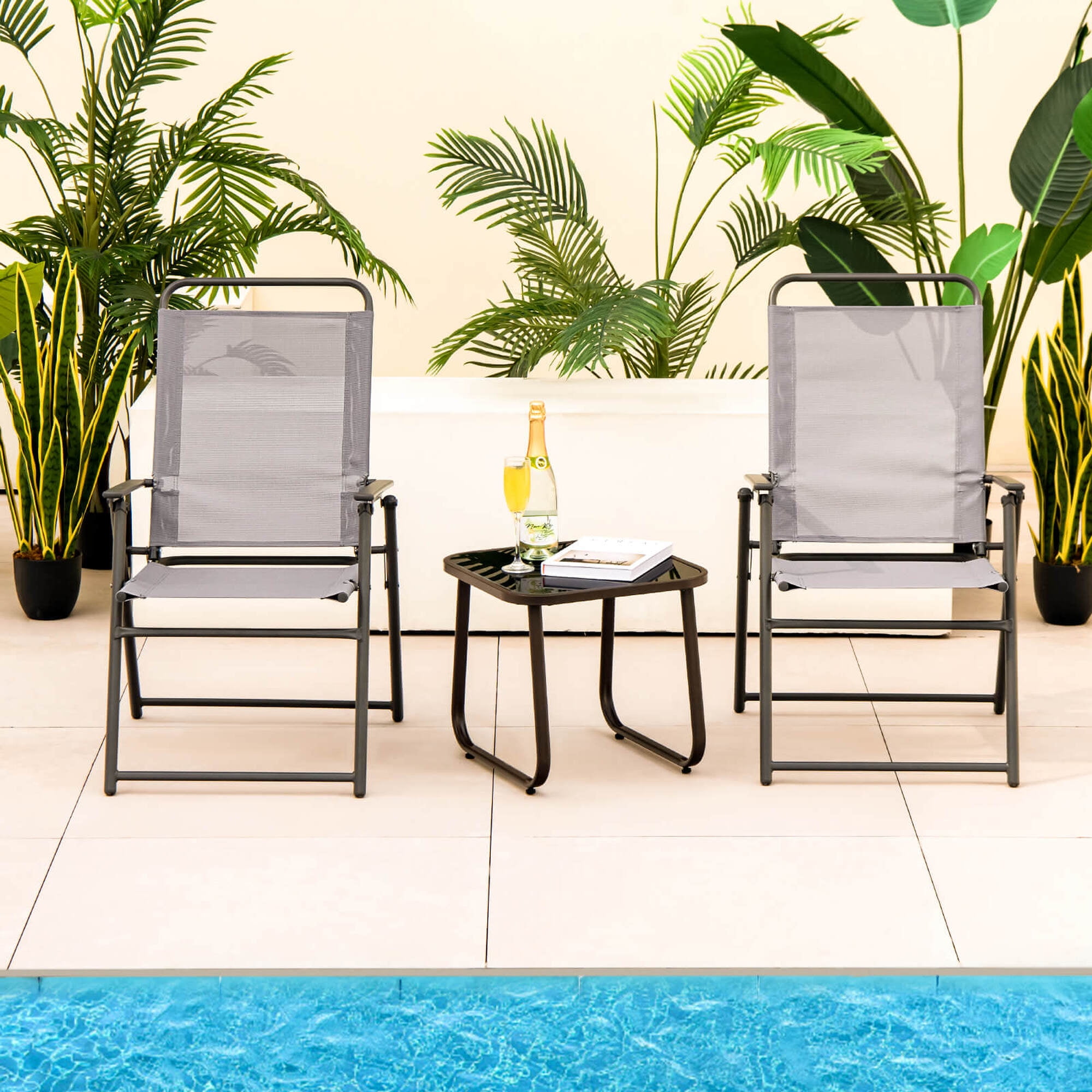 Costway 2pcs Patio Folding  Chairs Dining Armrest Backrest Outdoor Portable Gray