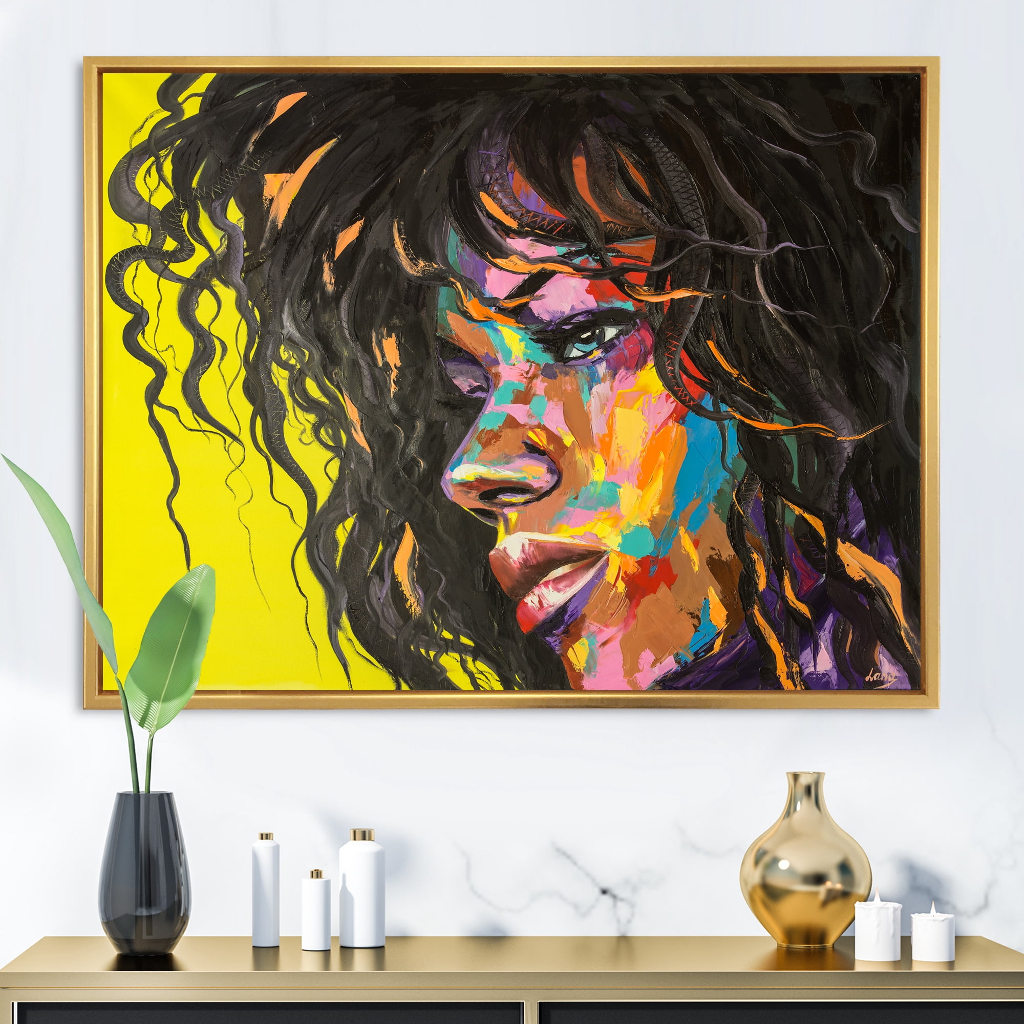 Designart 'Abstract Colorful Fantasy Portrait Of A Young Woman I' Modern Framed Canvas Wall Art Print
