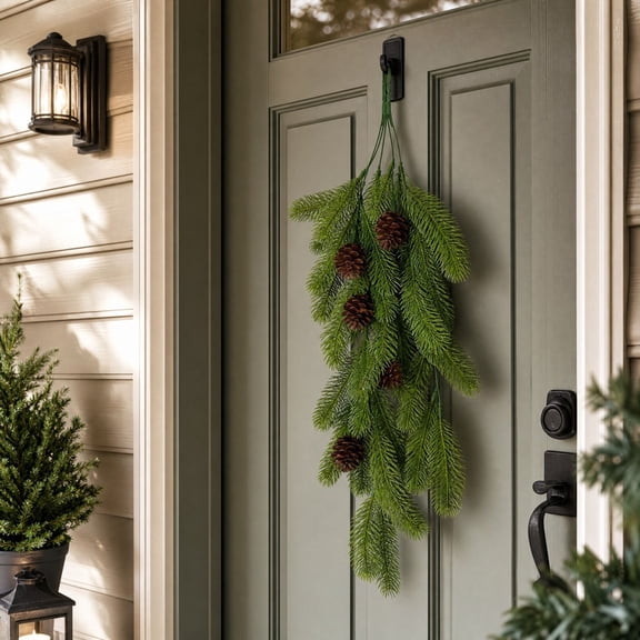 Artificial Cedar Christmas Teardrop Swag, 29" Dense Christmas Garland Hanging Decor With Pinecones And Berries Thick Artificial For Mantel Door Window