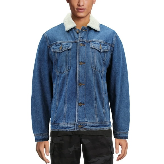 Men’s Medium Blue Sherpa Collar Classic Button Up Denim Jean Trucker Jacket (Medium Blue, S)