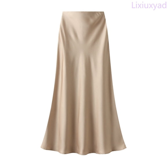 Lixiuxyad Womens Skirt Women's High Waist Satin Skirt Solid Color A-Line Long Skirt with Elegant Drape Comfortable Casual Skirt for Office Party Daily,Beige