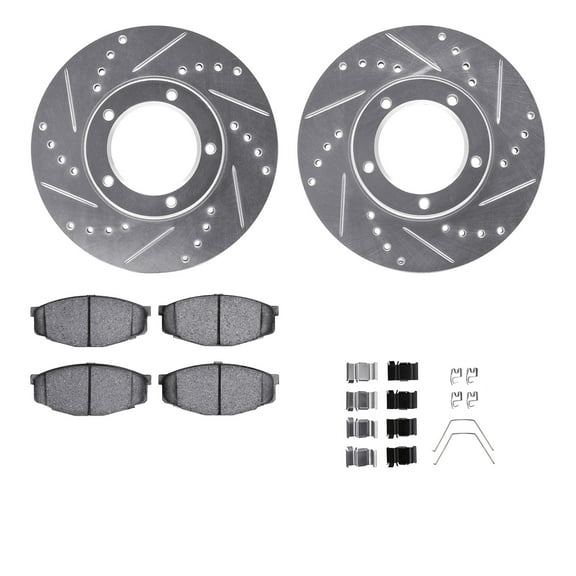 Dynamic Friction Company Front Brake Rotors-Drilled and Slotted-Silver with 5000 Advanced Brake Pads includes Hardware 7512-76027