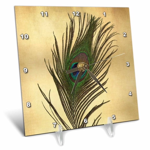 3dRose, Elegant Peacock Feather on Gold, 6x6 Desk Clock