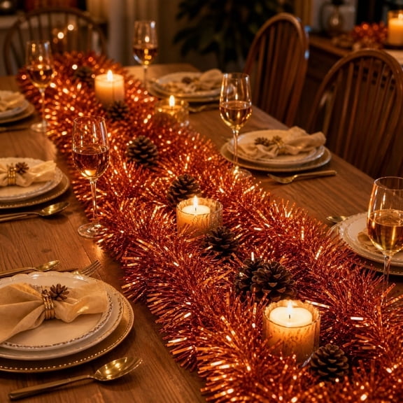 Fall Orange Tinsel Garland, 79in Metallic Shiny Thanksgiving Hanging Tinsel Streamer, Harvest Decorative Fringe for Mantel Window Arch Stair Halloween Farmhouse Home Decor