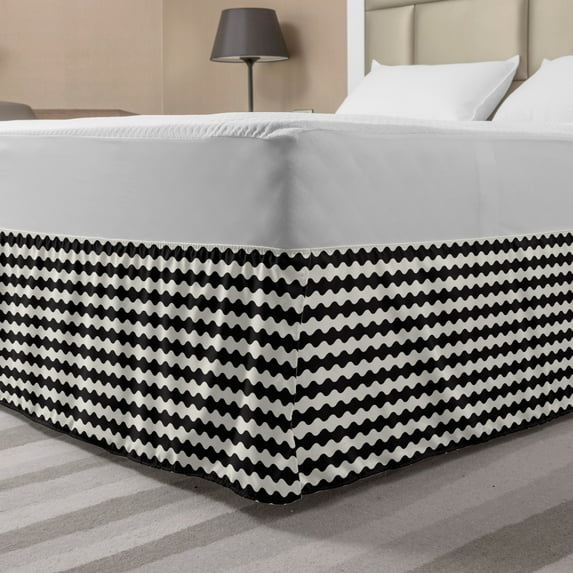 Lattice Bed Skirt, Monochromatic Wavy Lines in Horizontal Direction Retro-Modern Design, Elastic Bedskirt Dust Ruffle Wrap Around for Bedding Decor, 4 Sizes, Charcoal Grey Eggshell, by Ambesonne