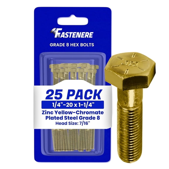 Fastenere Hex Bolts, Grade 8 Zinc Yellow-Chromate Plated Steel, Partial Threaded, Heavy-Duty Fasteners, 1/4"-20 x 1-1/4" (25 Pack)
