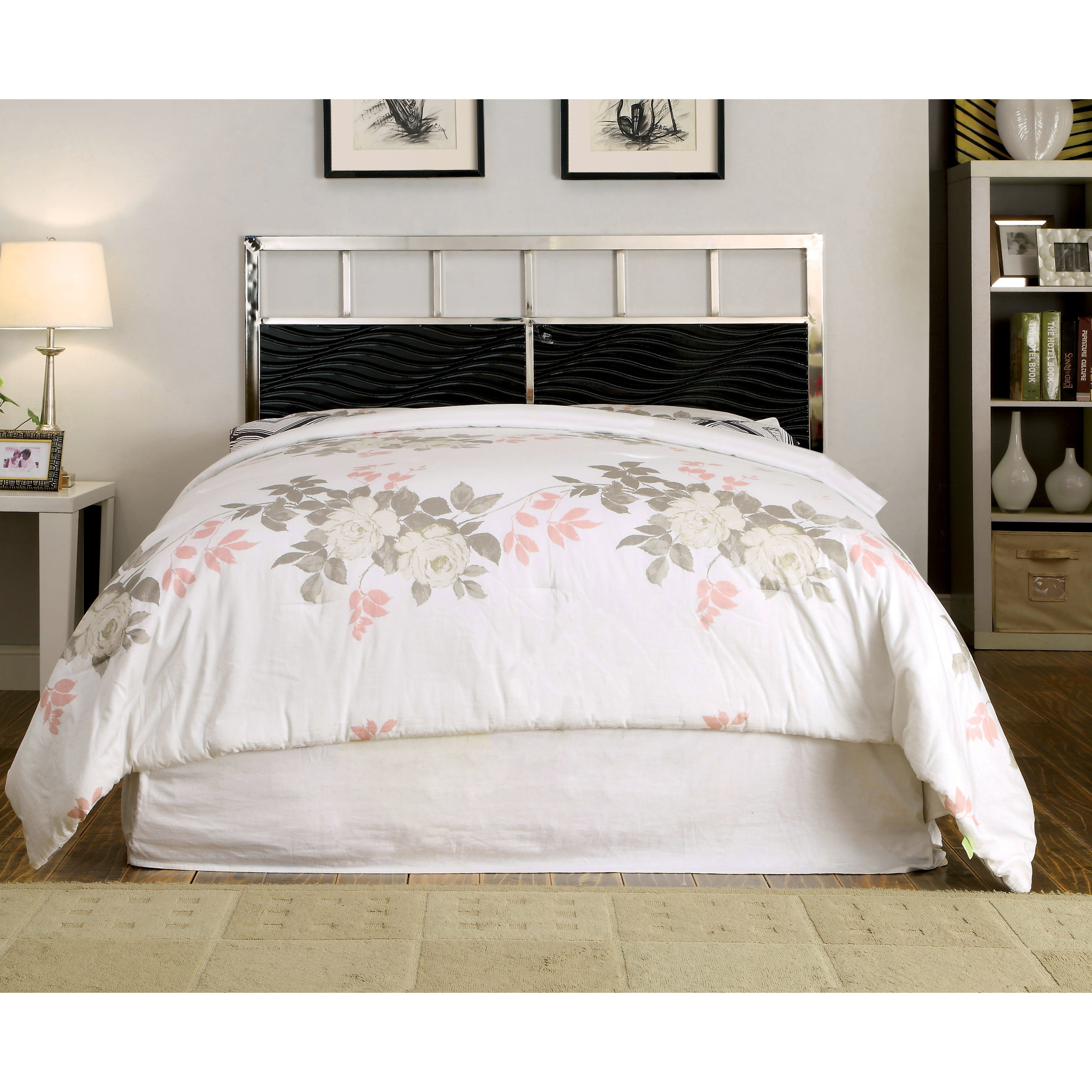 Furniture of America Nols Modern 2 Piece Metal Headboard and Footboard Set White Chrome Queen