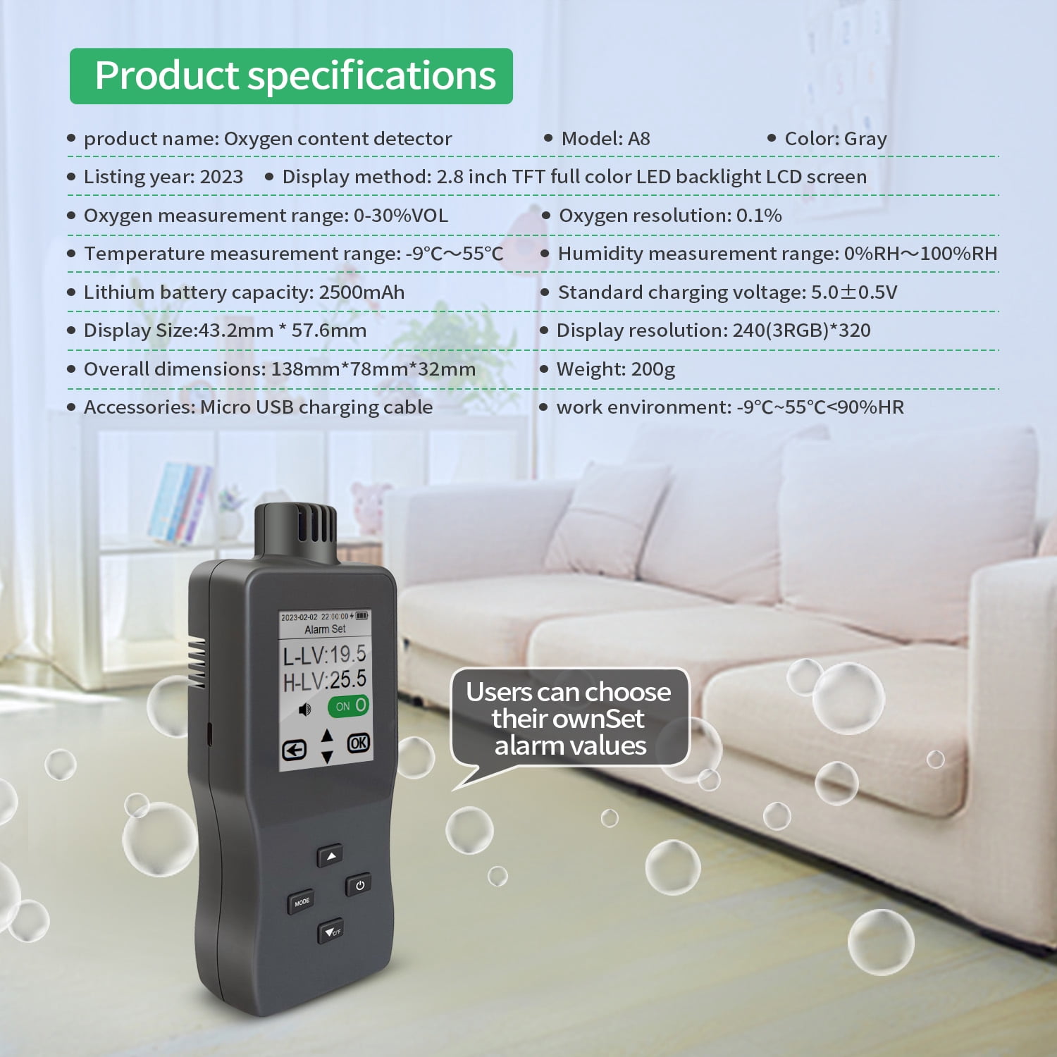 Gas alarm,- Ideal O2 Tester Handheld Air - Usb O₂ Tester Handheld O₂ Car - Usb Portable Temperature And Alarm Lcd Use Air Car Ideal Car Color Lcd Tester Alarm Car Office Alarm Usb Tft Color