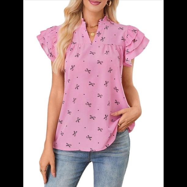 Tops con Volantes para Mujer, Blusas Bohemias con Cuello en V y Muescas, Camisetas Tipo Túnica con Mangas Abullonadas en Rosa M