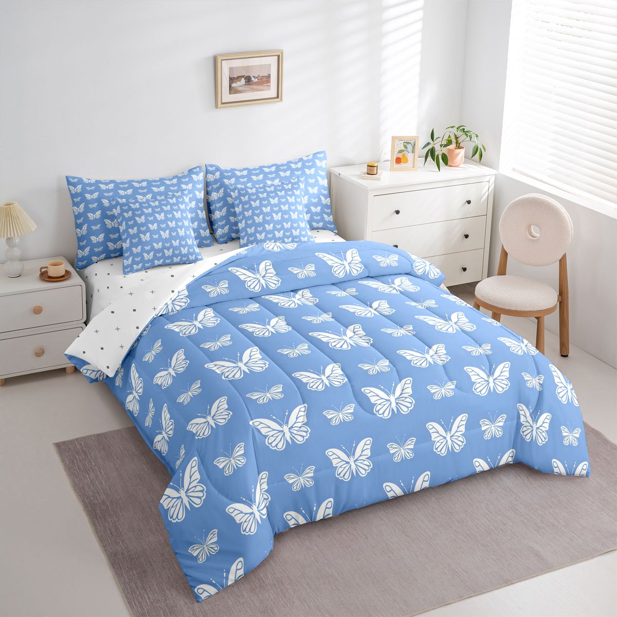 Homewish Gradient Colorful Butterfly 7-Piece Bedding Comforter Set,Flying Animal King Bedding Sets,Blue White Bed Sheets For Girls,Microfiber Bedroom Decor Reversible