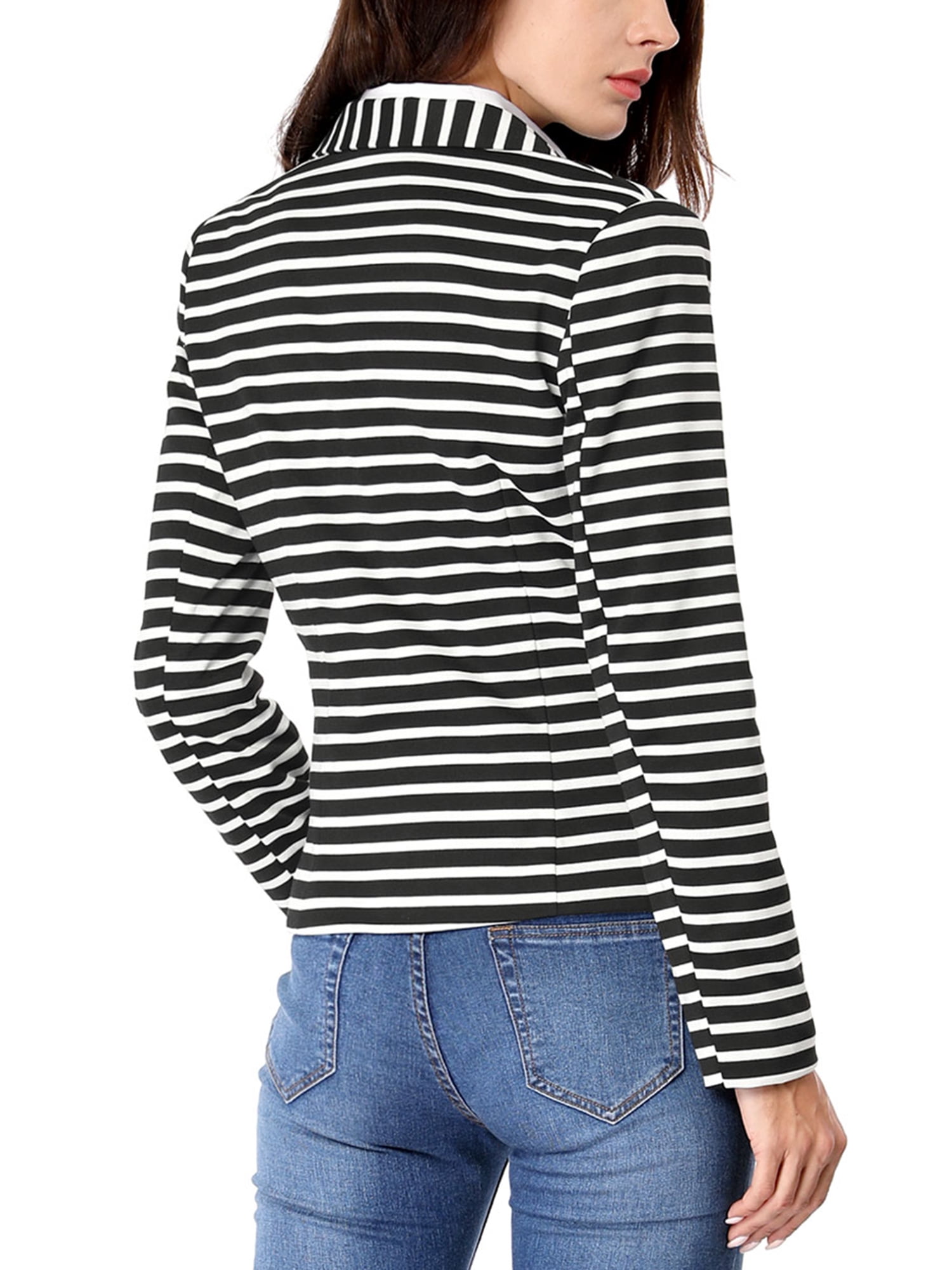 DARING DIVA Women's Striped Notched Lapel Button Closure Blazer L Black