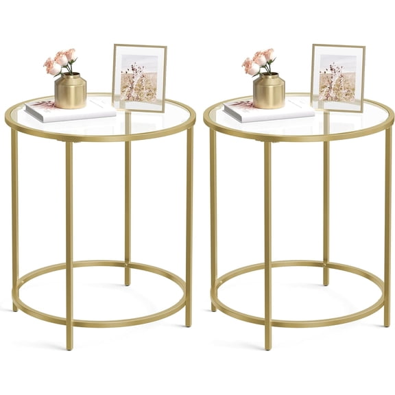 VASAGLE Round Side Tables, Set of 2, Glass End Tables Coffee Tables for Living Room Bedroom Gold