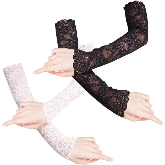 2 Pairs Women Arm Sleeves Long Sunscreen Gloves UV Protection Long Lace Solid Colored Fingerless Gloves for Driving Wedding Wrist Length Bridal Prom Dressy Gloves