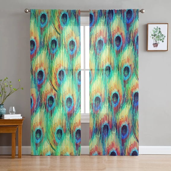 Peacock Feather White Print Sheer Window Panel Curtains Room for Living Room Bedroom Kitchen Room Chiffon Tulle Curtains