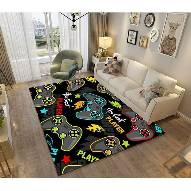 Alfombra de dormitorio para jugadores en 3D, moderna, antideslizante, para sala de estar, con letras de grafiti, decoración de consola de juegos, alfombras de franela suave para adolescentes y niños