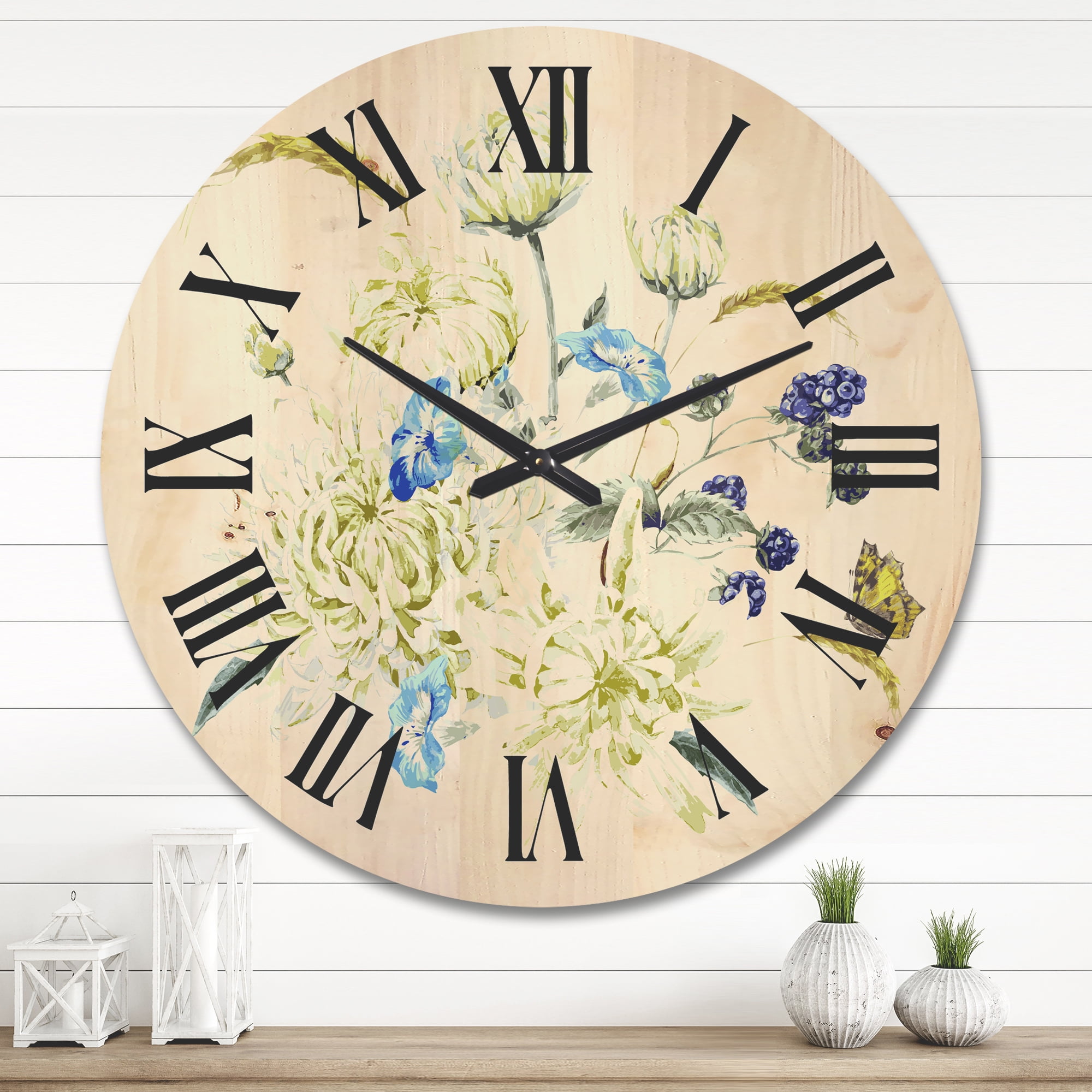 Designart 'Ancient Chrysanthemums With Bouquet II' Traditional Wood Wall Clock