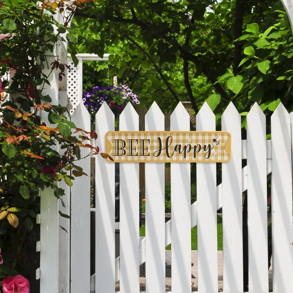 Honey Bee Happy Sign, 16×4 Inch Yellow White Buffalo Plaid Metal HoneyBee Themed Room Kitchen Bathroom Wall Decor Art, Outdoor Bumble bee Fence Garden Yard Patio Porch Decorations for Home