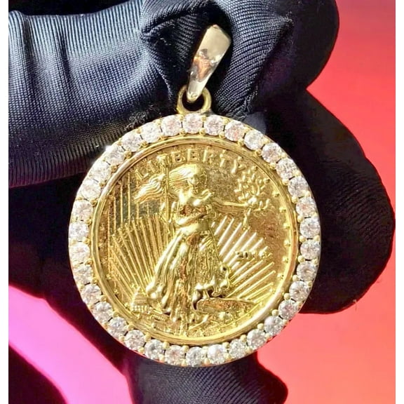 New Jewels 1Ct Real Moissanite Tester Pass Liberty Medallion Pendant 14K Yellow Gold Plated