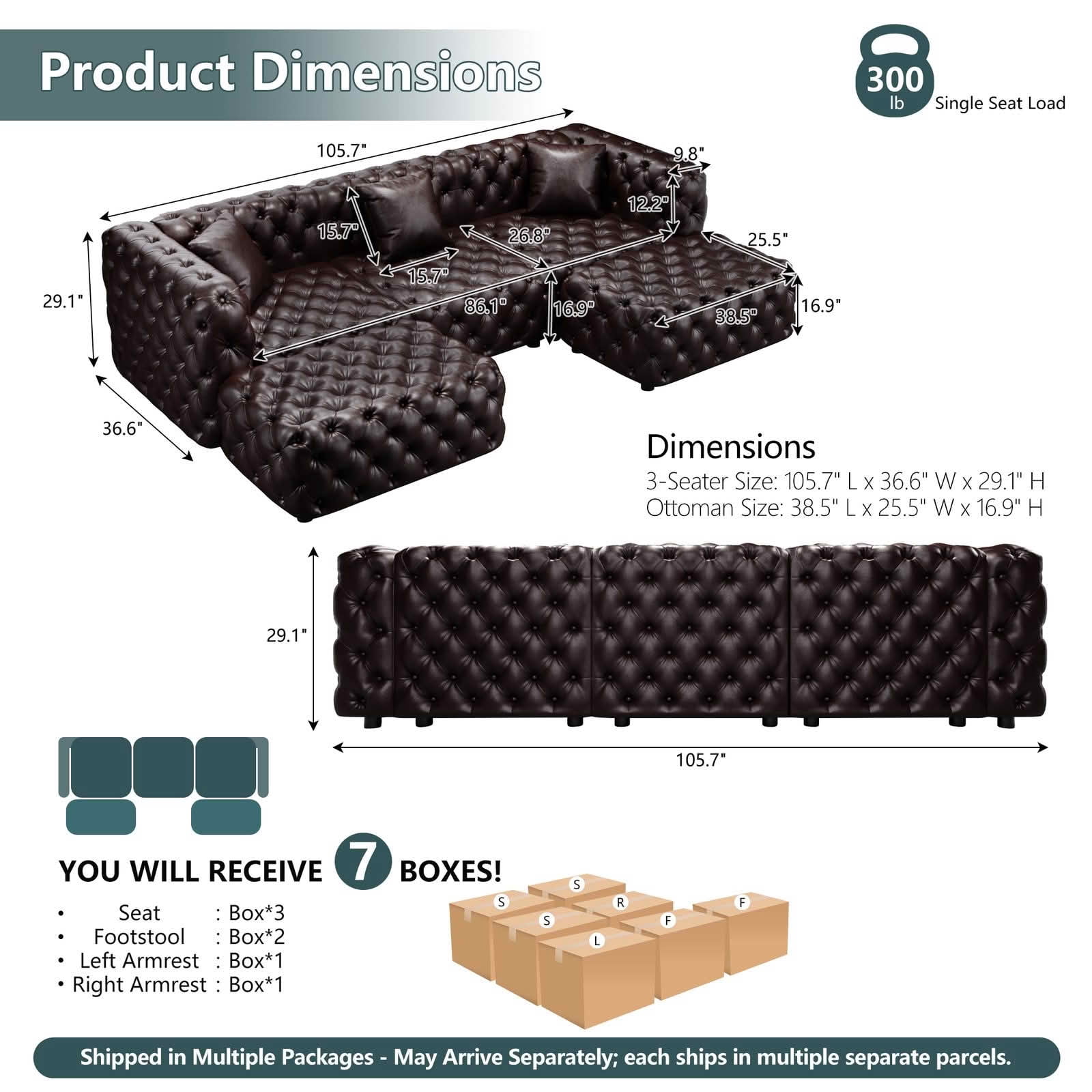 MAYEERTY 105.7 Inch Faux‑Leather 3‑Seat Modular Sofa Set, Handcrafted Button Tufted Couch with 2 Ottomans & 3 Pillows for Living Room & Small Apartment
