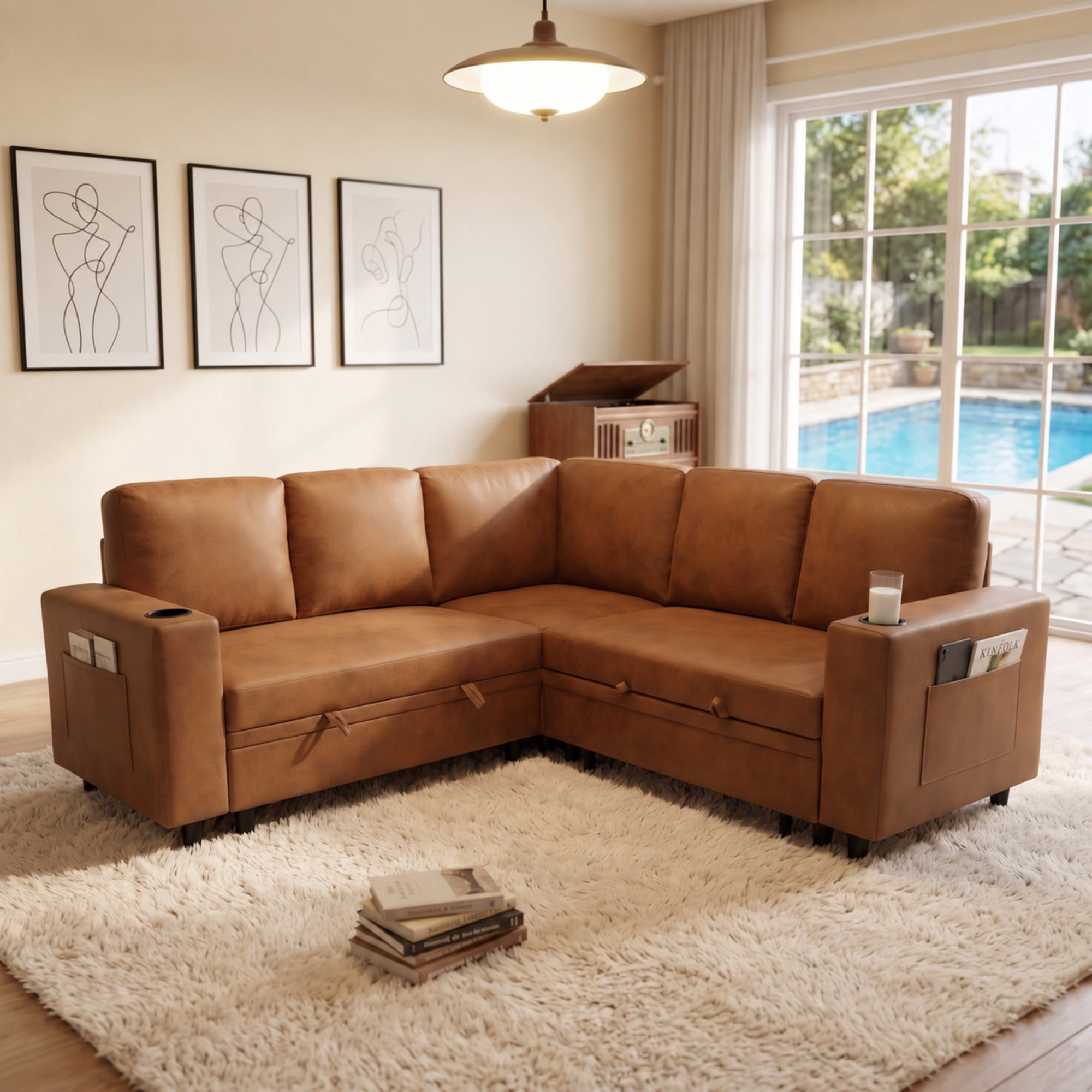 BSHTI 76.5" Polyester L-Shaped Sectional Sofa Bed with Hidden Storage, Cup Holders, Side Pockets, Pull-Out Design for Living Room (Light Brown)