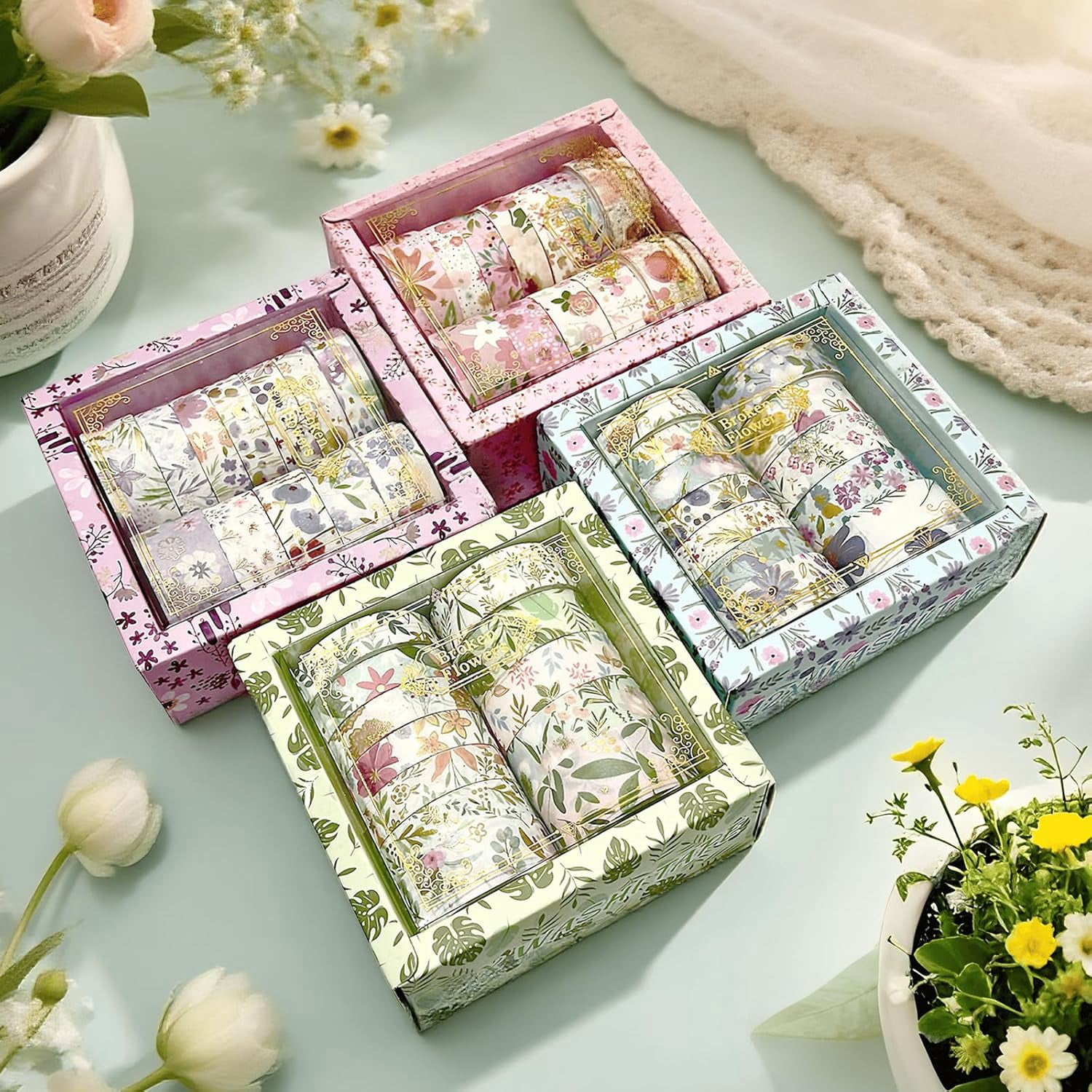 Floral gold foil decorative washi tape set, 48 rolls, multicolored handcrafted tape suitable for diaries, crafts, scrapbooking (pink + purple + green + blue)