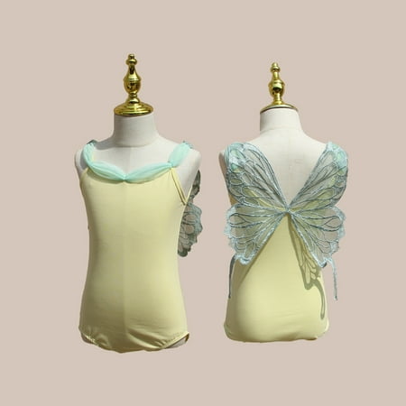 Child Girls Ballet Butterfly Dancewear Leotard Gym Train Sleeveless Bodysuit Cute Backless Performance Costumes (Yellow 140cm)