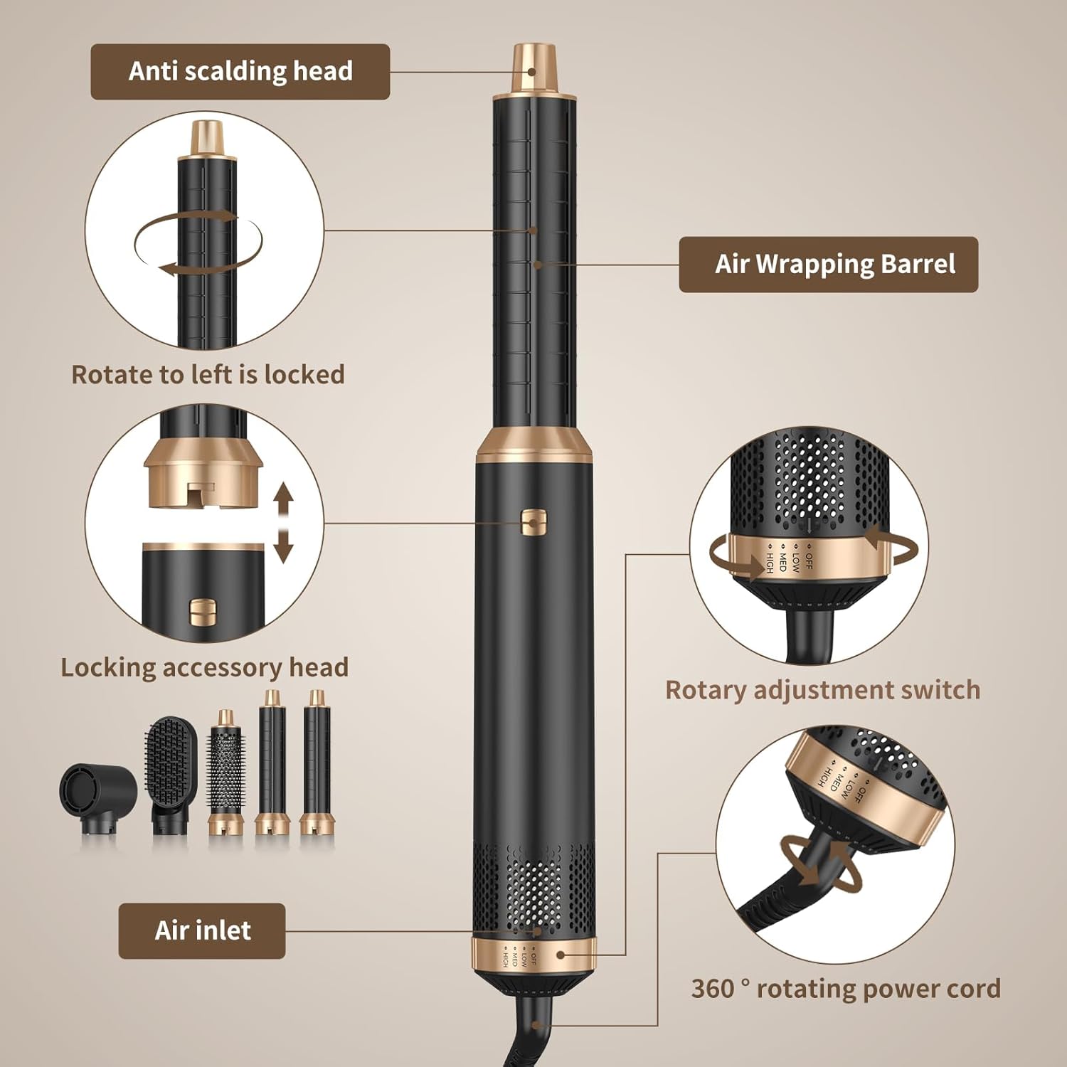 Taotique 5-in-1 Hot Air Brush Styler with Air Curler, Gold photo 2