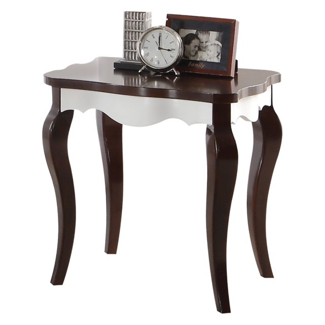 Table d'Extrémité en Bois avec Pieds en Cabriolet, Blanc et Brun Noyer