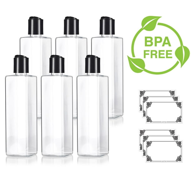 JUVITUS Clear 8 oz / 250 ml Square PET Bottles (BPA Free) with Black