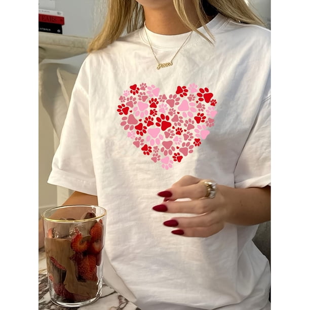 Camiseta De Mujer Camisetas Femeninas Verano Estampado De Ropa Casual Con Cuello Redondo1pc Vintage Style Women'S T-Shirt with Geometric Paw Print Heart Design, Polyester, Short Sleeve, Round Neck,
