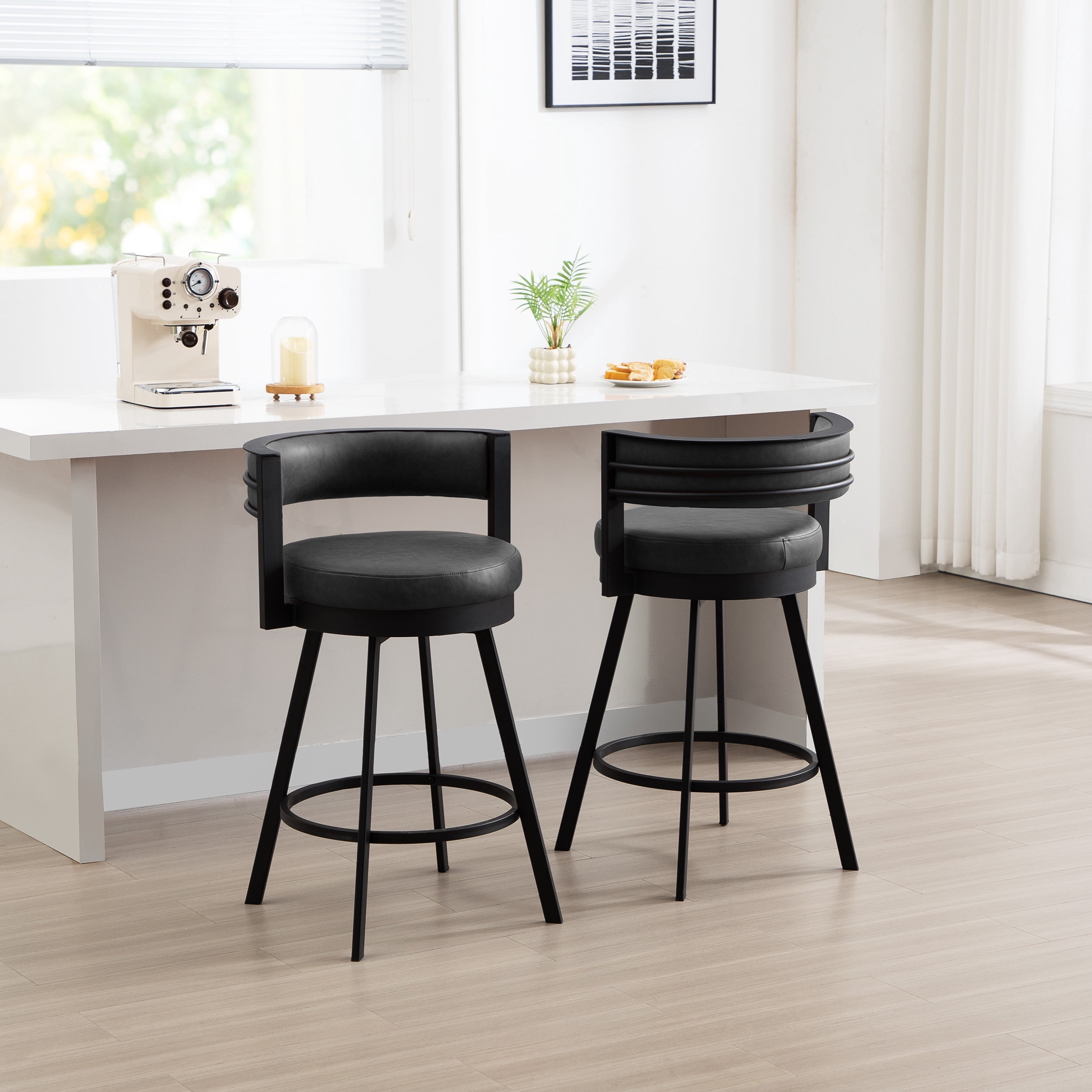 Zesthouse 26.6″ Swivel Bar Stools Set of 2, Faux Leather Upholstered Counter Stools with Barrel Back and Metal Legs, Modern Counter Height Barstools for Kitchen Island, Dark Gray