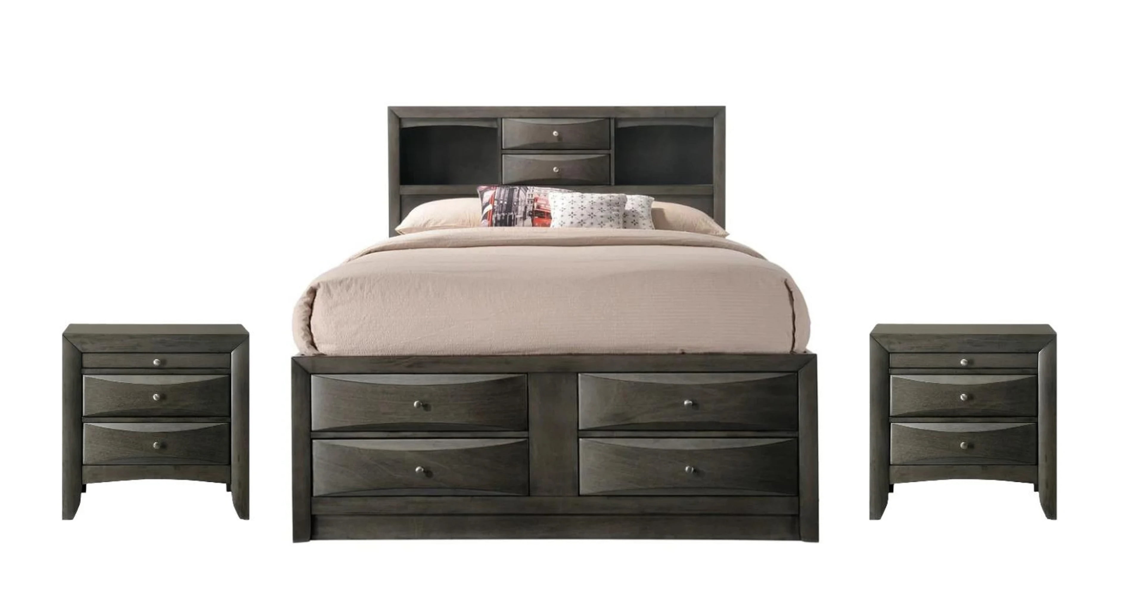 Contemporary Gray Finish 3pc Queen Size Captains Bed Set Storage