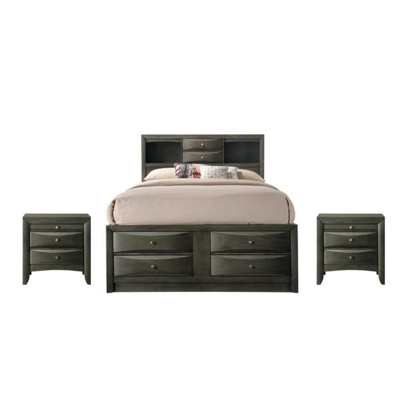 Contemporary King Size 3pc Captains Bed Nightstands Set Storage Drawers Gray Finish Wooden Bedroom